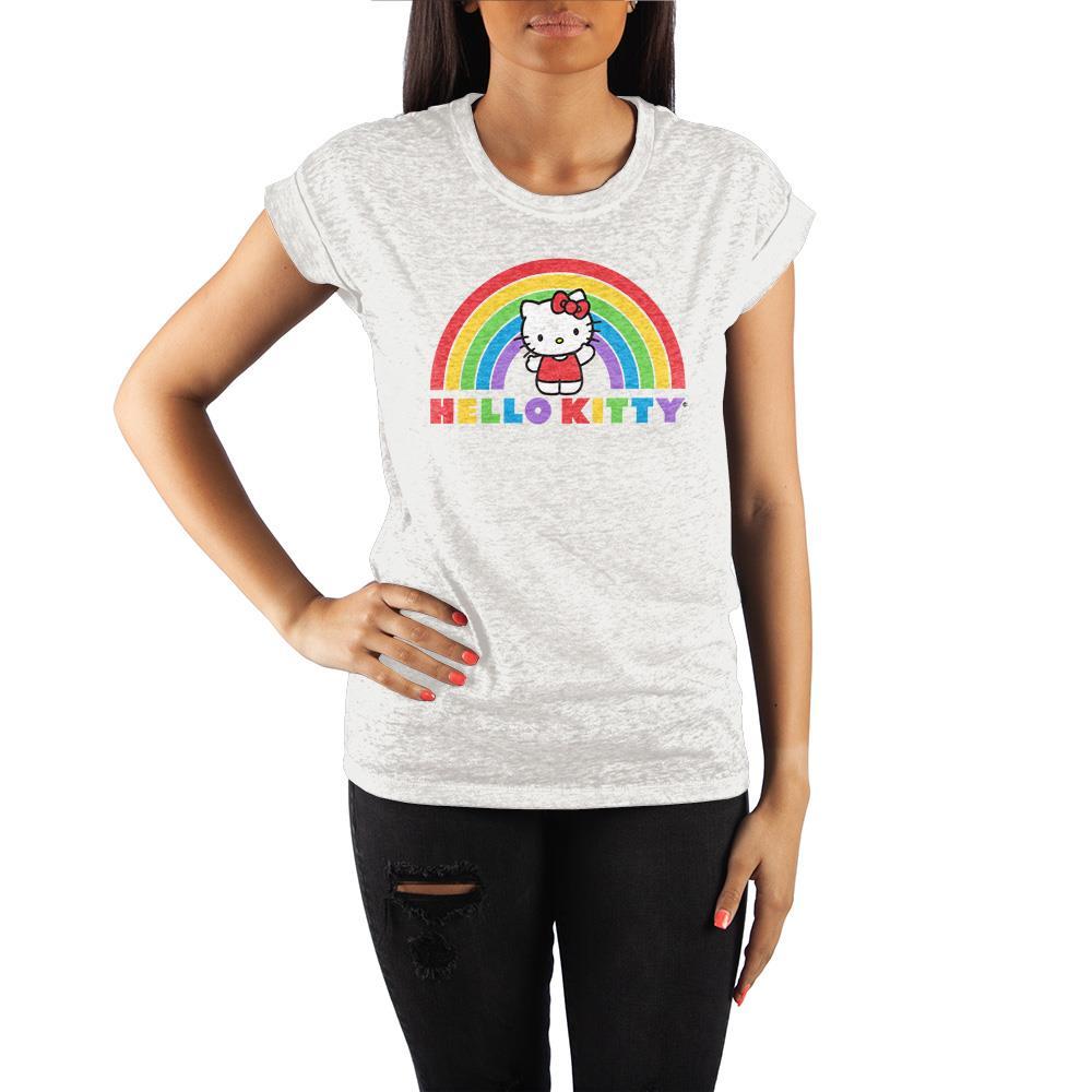 Hello Kitty Womens/Juniors Classic Rainbow Tee, Official Sanrio, USA-Bright an colorful, just the way Hello Kitty likes it. This high quality juniors tee is made from super soft premium cotton with a high quality classic Hello Kitty and rainbow print on front. Genuine, officially licensed Sanrio apparel. This t-shirt ships from within the USA. Cute anime manga Japanese Japan cat neko-White-S-