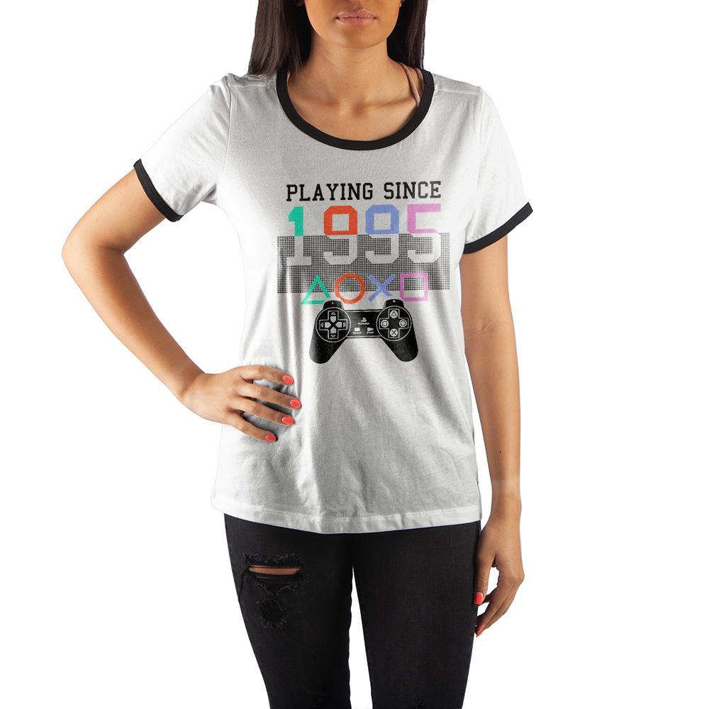 PLAYSTATION Playing Since 1995 Juniors Ringer Tee, Officially Licensed-WHITE-S-