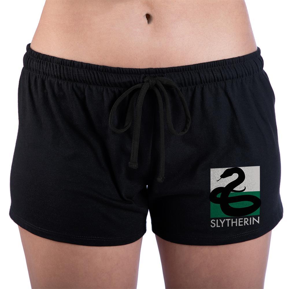 HARRY POTTER Juniors Slytherin Sleep Shorts, Officially Licensed USA-Lounge around with Slytherin spirit in these comfy sleep shorts. A pair of black pajama shorts made of soft and comfortable 100% cotton with a drawstring waistband and a bright and bold graphic print on the left leg. Officially licensed Harry Potter apparel. Shipped from the USA. Womens pajamas sleepwear loungwear-BLACK-S-