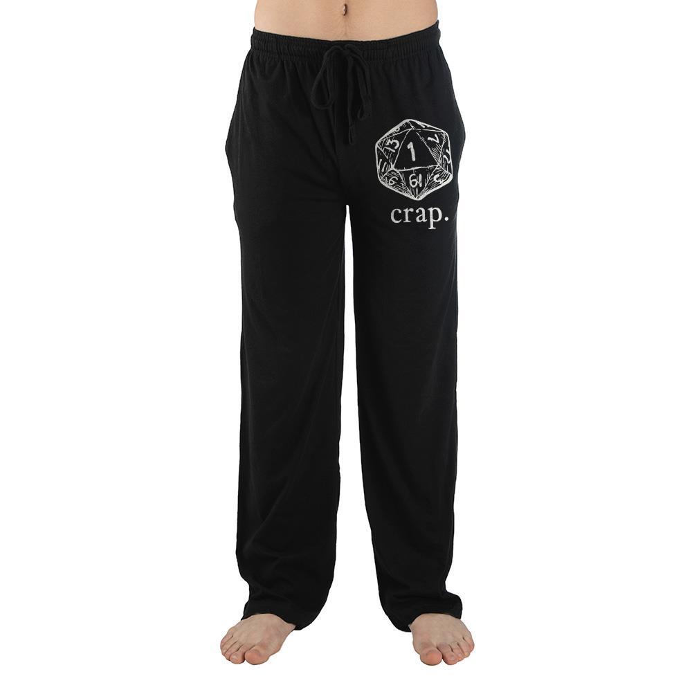 DUNGEONS & DRAGONS Funny D20 Crap Roll Lounge Pants, Unisex USA-Comfy unisex sleep pants made from a soft cotton/poly blend with elastic and drawstring waist and two pockets. High quality, soft-to-the-touch graphic print of a '1' D20 roll and 'crap.' on the left leg.Officially licensed Dungeons and Dragons sleepwear/loungewear. Shipped from the USA. Die Dice RPG Roleplaying Gaming -Black-S-