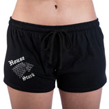 -House Stark Direwolf Juniors Sleep Shorts! Soft and comfortable 100% cotton with a soft touch graphic of the House Stark Direwolf on the left leg. Genuine, officially licensed HBO Game of Thrones apparel. Ships from within the USA. loungewear sleepwear pajamas womens girls apparel-BLACK-S-