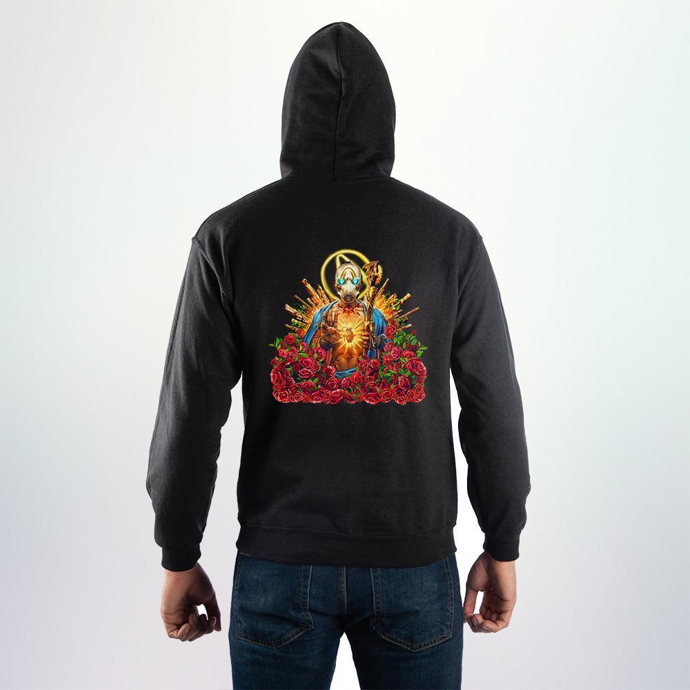 Borderlands 3 Sacred Heart Hoodie, Officially Licensed, Gearbox USA-Wreak havoc in style with this Borderlands 3 hoodie sweatshirt. Soft, warm cotton-poly blend sweatshirt with attached drawstring hood and kangaroo pocket. Text logo on the front and the somewhat controversial 'Sacred Heart' graphic on the back.Officially licensed Gearbox Borderlands fan apparel. USA-