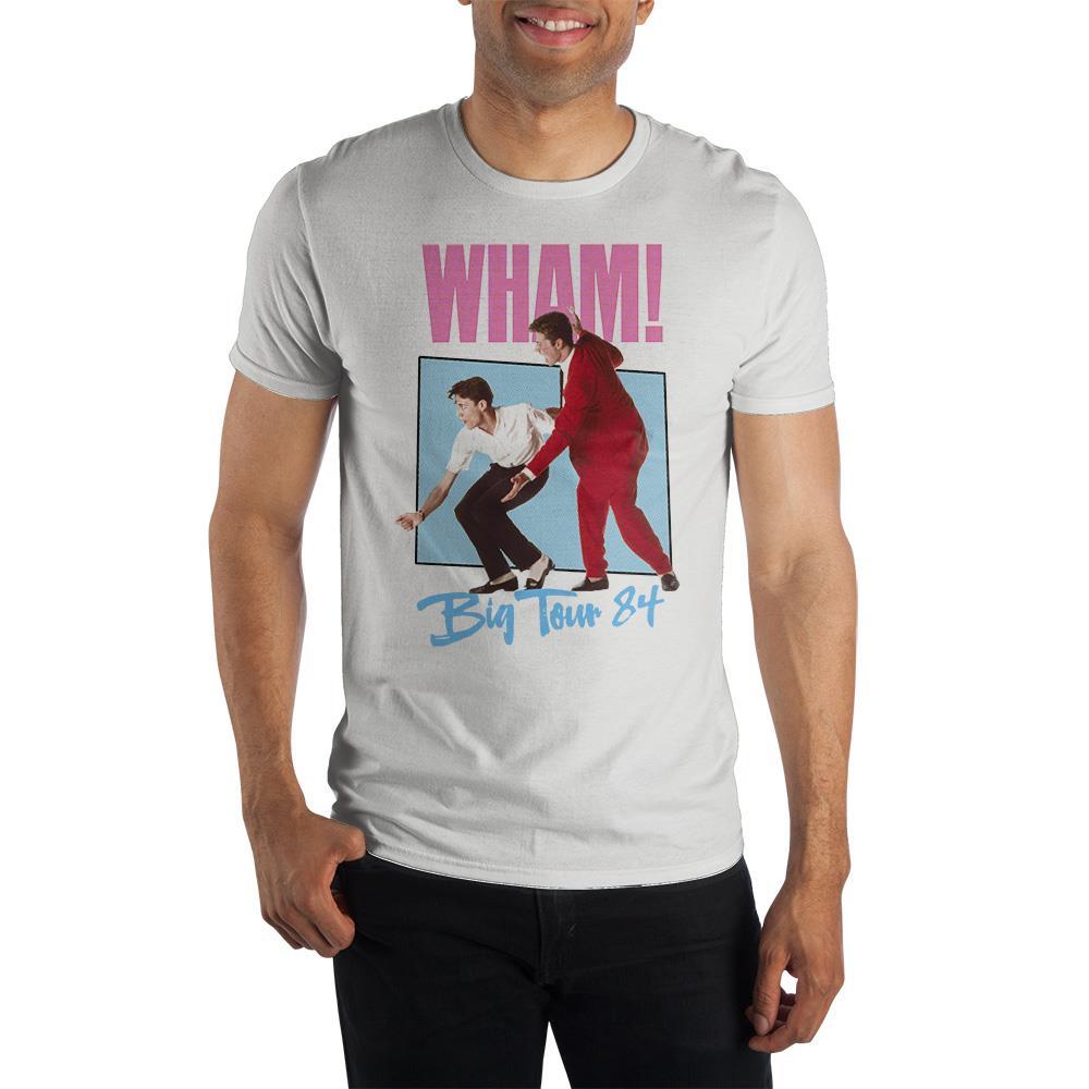 -White mens/adult unisex 100% pre-shrunk cotton tee with high quality printed retro graphics from Wham's 1984 Tour. Officially licensed Wham! merch. These shirts typically ship in 2-3 business days from within the USA. Eighties 1980s repro George Michael pop rock concert tee.-White-S-