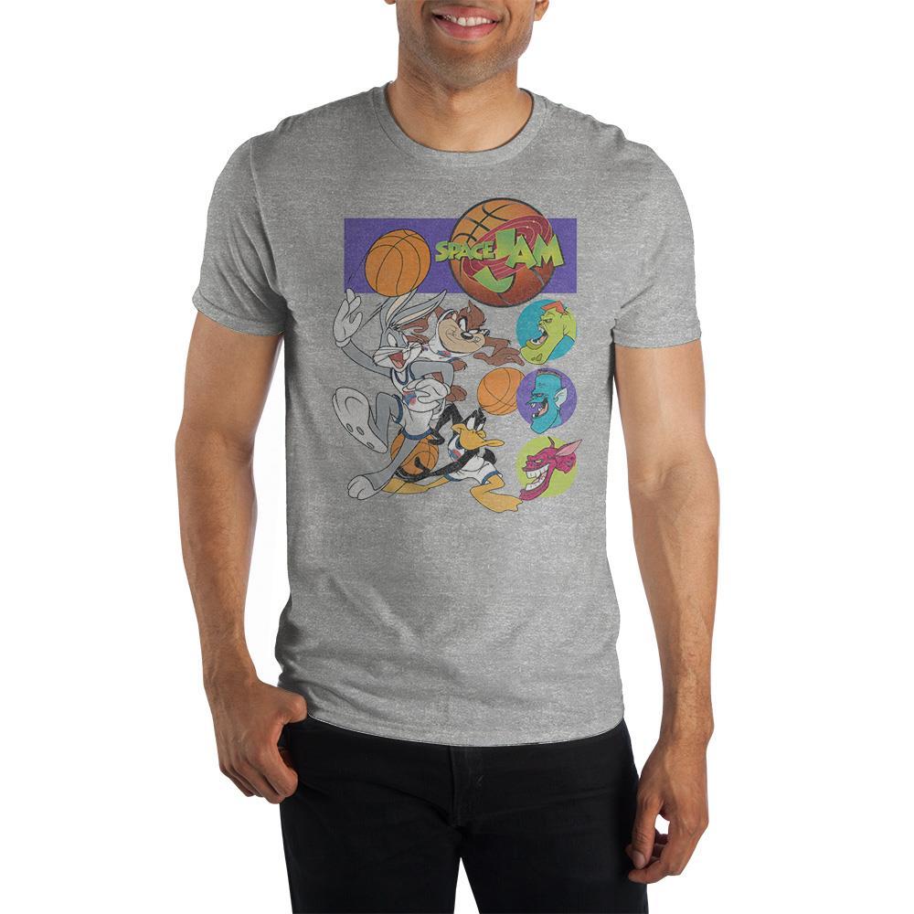 Looney Tunes SPACE JAM Skirmish Graphic Tee, Officially Licensed-Soft and comfortable 100% pre-shrunk cotton jersey mens / unisex tee with a bright and bold, soft to the touch, classic Space Jam graphic print. Genuine, officially licensed Looney Tunes Space Jam apparel. This shirt typically ships in 2-3 business days from the USA. 1990s Nineties 90s kids basketball movie film-Heather Gray-S-