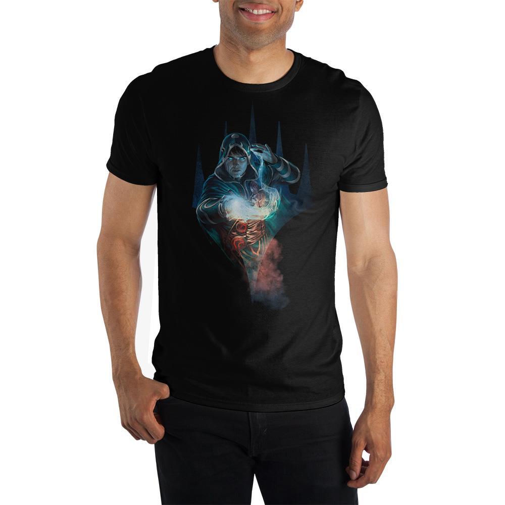 Officially Licensed MAGIC: THE GATHERING Jace Planeswalker Graphic Tee-Challenge your foes and show off your expert game skills with equally impeccable style! Soft 100% cotton mens/unisex graphic tee features a bold, detailed, print of human planeswalker & Vryn mind-mage Jace Beleren. Officially licensed MTG apparel. This shirt ships from within the USA. Magic The Gathering Planeswalkers-Black-S-