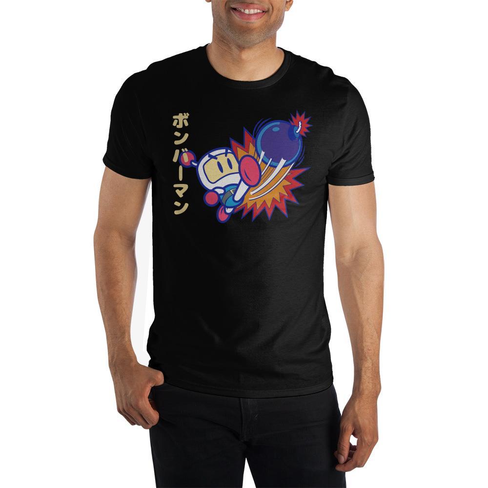 Bomberman Classic Arcade Graphic Tee, Official Konami Videogame Shirt-Mens / unisex black short sleeve shirt made soft 100% pre-shrunken cotton with a a bright and bold classic Bomberman arcade cabinet graphic and original Japanese title (ボンバーマン) above. Officially licensed Konami videogame apparel. This t-shirt ships from within the USA. Retro gamer gaming videogame-Black-S-