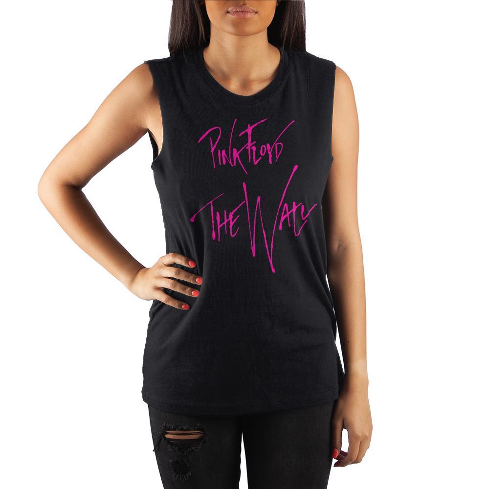 Pink Floyd The Wall Text Logo Juniors Tank Top, Officially Licensed-Black-XS-