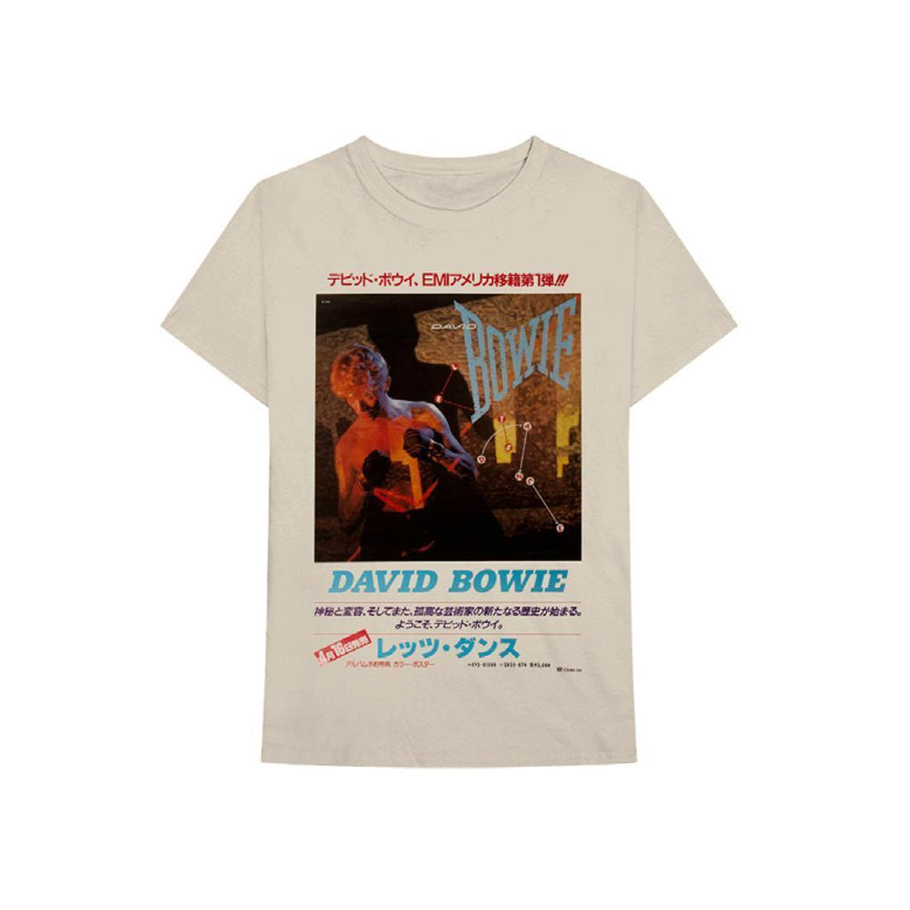David Bowie Japanese Let's Dance Shirt, Retro 1983 Officially Licensed-Sand colored unisex style graphic tee featuring artwork and kanji text advertising the Japanese release of Bowie's Lets Dance in 1983.Officially licensed David Bowie apparel. This shirt typically ships in 2-3 business days from within the US. Classic glam pop rock vintage style music band fashion tee.-MULTI-S-671734092830