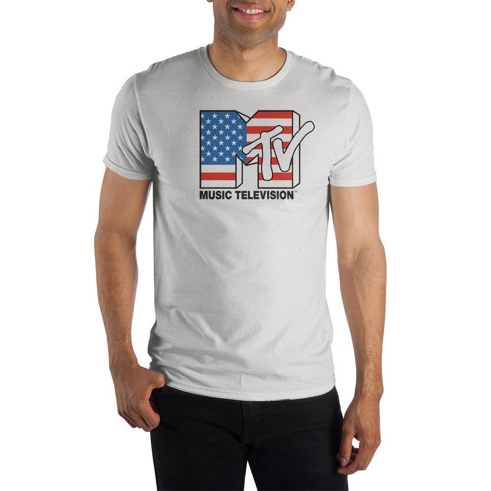 MTV Retro American Flag Logo Graphic Tee, Officially Licensed Shirt-WHITE-S-
