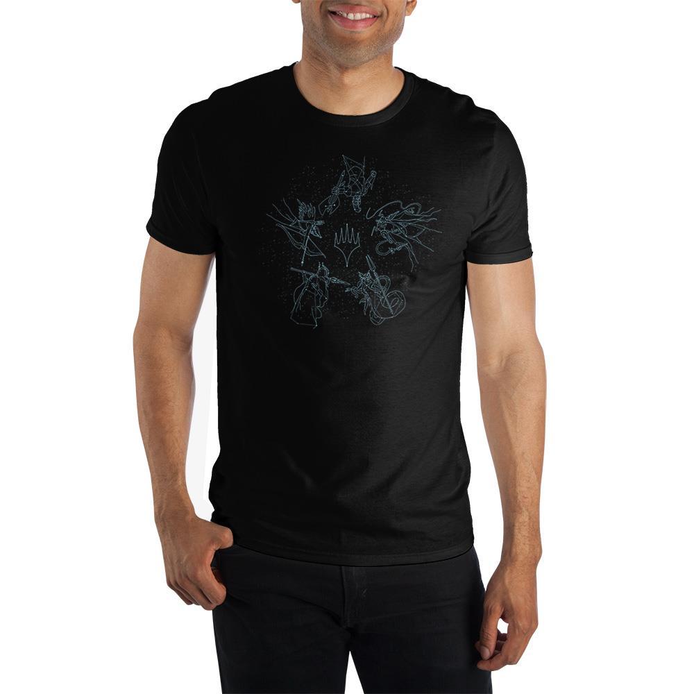 Magic: The Gathering Planeswalkers Zodiac Tee, Officially Licensed MTG-A black mens/unisex graphic tee with a large print depicting the Planeswalkers in similar fashion to the astrological signs of the zodiac around a central MTG Planeswalker emblem. Soft 100% pre-shrunk ringspun cotton.Officially licensed Magic the Gathering apparel. Ships from USA-Black-S-