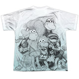 FRAGGLE ROCK Group Shot AOP Youth Tee, Officially Licensed Jim Henson-Fraggles group shot AOP youth tee. High quality, detailed, all-over-print (front and back) on soft and comfortable, polyester standard fit unisex youth t-shirt with crew neck and short sleeves. Genuine, officially licensed Jim Henson Fraggle Rock kids apparel. Ships from the USA. Retro vintage Muppets-