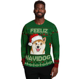 -Funny all-over-print unisex sweatshirt made of soft and comfortable cotton/polyester/spandex blend with brushed fleece interior. Each panel is individually printed, cut and sewn to ensure a flawless graphic that won't crack or peel. Mens womens Christmas feliz navidad doge shiba inu dog xmas humor puppy pullover jumper-