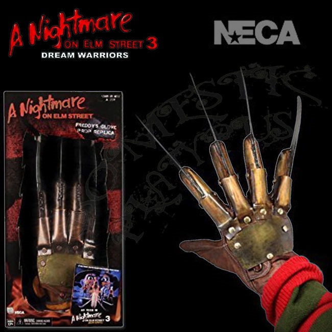 -NECA Official Replica Nightmare on Elm Street 3: Dream Warriors Freddy Krueger Glove. Hand-crafted piece formed of distressed faux leather with riveted metal attachments. New in box. Free Shipping Classic 80s 1980s eighties horror prop replica Halloween costume cosplay accessory collectible life-size display NOES-