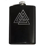 Viking Vaulknut Engraved Hip Flask 8oz Stainless Steel, Many Colors-Brand New 8oz Flask with Engraved Valknut / Wodan's Knot 8oz Stainless Steel Flask with easy closure screw cap lid. Measures 5.5" tall and 3.75" wide and holds eight shots. Available in your choice of color with optional funnel or gift box with funnel and cups. Made-to-order and ships in 2-3 business days from the USA.-Black-Just the Flask-