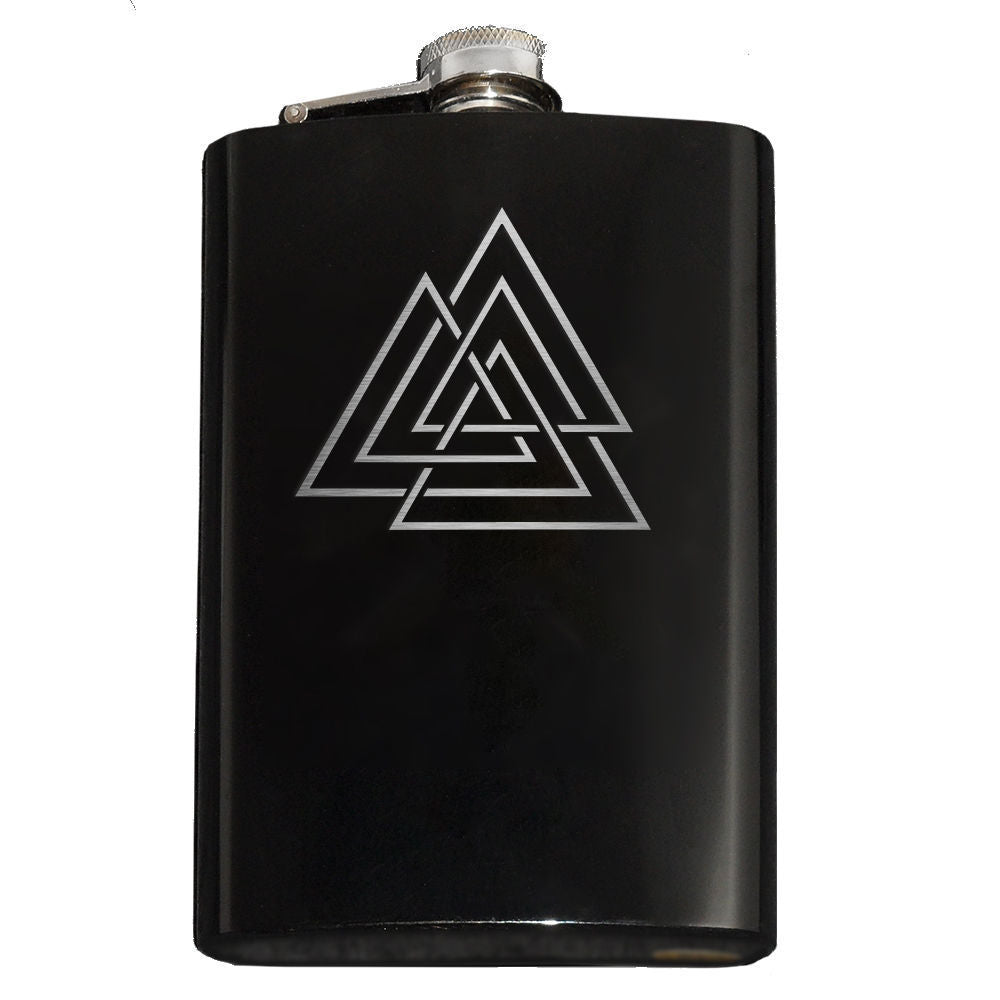 Viking Vaulknut Engraved Hip Flask 8oz Stainless Steel, Many Colors-Brand New 8oz Flask with Engraved Valknut / Wodan's Knot 8oz Stainless Steel Flask with easy closure screw cap lid. Measures 5.5" tall and 3.75" wide and holds eight shots. Available in your choice of color with optional funnel or gift box with funnel and cups. Made-to-order and ships in 2-3 business days from the USA.-