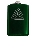 Viking Vaulknut Engraved Hip Flask 8oz Stainless Steel, Many Colors-Brand New 8oz Flask with Engraved Valknut / Wodan's Knot 8oz Stainless Steel Flask with easy closure screw cap lid. Measures 5.5" tall and 3.75" wide and holds eight shots. Available in your choice of color with optional funnel or gift box with funnel and cups. Made-to-order and ships in 2-3 business days from the USA.-Green-Just the Flask-