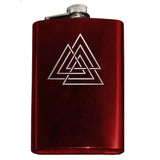 Viking Vaulknut Engraved Hip Flask 8oz Stainless Steel, Many Colors-Brand New 8oz Flask with Engraved Valknut / Wodan's Knot 8oz Stainless Steel Flask with easy closure screw cap lid. Measures 5.5" tall and 3.75" wide and holds eight shots. Available in your choice of color with optional funnel or gift box with funnel and cups. Made-to-order and ships in 2-3 business days from the USA.-Red-Just the Flask-