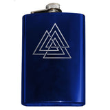 Viking Vaulknut Engraved Hip Flask 8oz Stainless Steel, Many Colors-Brand New 8oz Flask with Engraved Valknut / Wodan's Knot 8oz Stainless Steel Flask with easy closure screw cap lid. Measures 5.5" tall and 3.75" wide and holds eight shots. Available in your choice of color with optional funnel or gift box with funnel and cups. Made-to-order and ships in 2-3 business days from the USA.-Blue-Just the Flask-