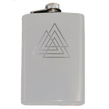 Viking Vaulknut Engraved Hip Flask 8oz Stainless Steel, Many Colors-Brand New 8oz Flask with Engraved Valknut / Wodan's Knot 8oz Stainless Steel Flask with easy closure screw cap lid. Measures 5.5" tall and 3.75" wide and holds eight shots. Available in your choice of color with optional funnel or gift box with funnel and cups. Made-to-order and ships in 2-3 business days from the USA.-White-Just the Flask-