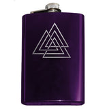 Viking Vaulknut Engraved Hip Flask 8oz Stainless Steel, Many Colors-Brand New 8oz Flask with Engraved Valknut / Wodan's Knot 8oz Stainless Steel Flask with easy closure screw cap lid. Measures 5.5" tall and 3.75" wide and holds eight shots. Available in your choice of color with optional funnel or gift box with funnel and cups. Made-to-order and ships in 2-3 business days from the USA.-Purple-Just the Flask-