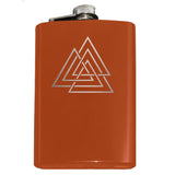 Viking Vaulknut Engraved Hip Flask 8oz Stainless Steel, Many Colors-Brand New 8oz Flask with Engraved Valknut / Wodan's Knot 8oz Stainless Steel Flask with easy closure screw cap lid. Measures 5.5" tall and 3.75" wide and holds eight shots. Available in your choice of color with optional funnel or gift box with funnel and cups. Made-to-order and ships in 2-3 business days from the USA.-Orange-Just the Flask-