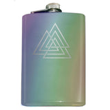 Viking Vaulknut Engraved Hip Flask 8oz Stainless Steel, Many Colors-Brand New 8oz Flask with Engraved Valknut / Wodan's Knot 8oz Stainless Steel Flask with easy closure screw cap lid. Measures 5.5" tall and 3.75" wide and holds eight shots. Available in your choice of color with optional funnel or gift box with funnel and cups. Made-to-order and ships in 2-3 business days from the USA.-Rainbow FInish-Just the Flask-