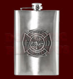 Fire Fighter Emblem Flask, 8oz Stainless Steel, Custom Engraving -New 8oz Stainless Steel Flask with Fire Fighter Emblem. Measures approximately 5.5" tall and 3.75" wide and holds eight shots. Can be custom engraved above and/or below emblem. Made to order, ships in 2-4 business days from within the USA. Firefighter First Responder Fireman Fire Department Logo Engraving Gift-Pewter Emblem-Not Engraved-Just the Flask-