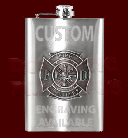Fire Fighter Emblem Flask, 8oz Stainless Steel, Custom Engraving -New 8oz Stainless Steel Flask with Fire Fighter Emblem. Measures approximately 5.5" tall and 3.75" wide and holds eight shots. Can be custom engraved above and/or below emblem. Made to order, ships in 2-4 business days from within the USA. Firefighter First Responder Fireman Fire Department Logo Engraving Gift-