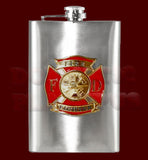 Fire Fighter Emblem Flask, 8oz Stainless Steel, Custom Engraving -New 8oz Stainless Steel Flask with Fire Fighter Emblem. Measures approximately 5.5" tall and 3.75" wide and holds eight shots. Can be custom engraved above and/or below emblem. Made to order, ships in 2-4 business days from within the USA. Firefighter First Responder Fireman Fire Department Logo Engraving Gift-Color Emblem-Not Engraved-Just the Flask-