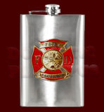 Fire Fighter Emblem Flask, 8oz Stainless Steel, Custom Engraving -New 8oz Stainless Steel Flask with Fire Fighter Emblem. Measures approximately 5.5" tall and 3.75" wide and holds eight shots. Can be custom engraved above and/or below emblem. Made to order, ships in 2-4 business days from within the USA. Firefighter First Responder Fireman Fire Department Logo Engraving Gift-