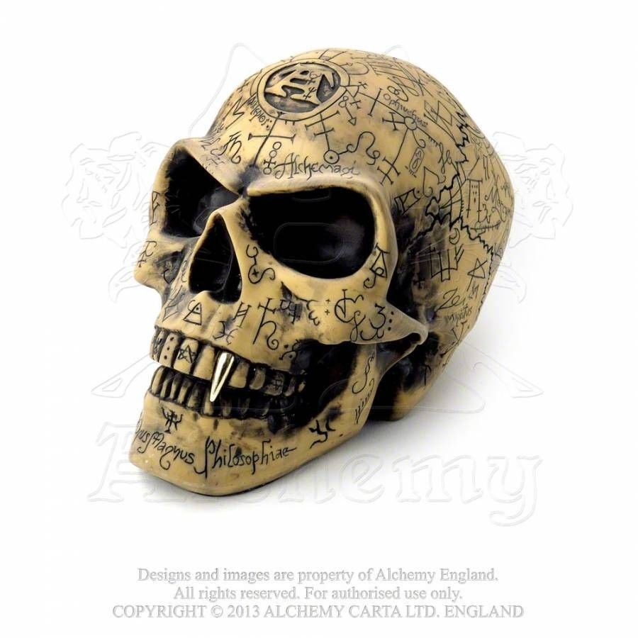 Alchemy Gothic LIFESIZED Omega ALCHEMIST SKULL Inscribed Occult Magick-A life-sized skull made of high quality polyresin, stained and painted, carved with the symbolic wisdom of 7000 years of history. Genuine Alchemy Gothic sculpture. Brand new in box and shipped from the USA. Lifesize high quality goth gothic horror magic home decor. Sigils alchemical symbols occult ceremonial magick vampire-