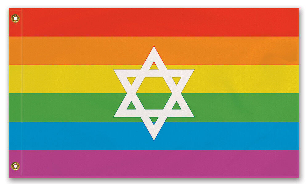 JEWISH LGBTQ PRIDE FLAG Intersectional Gay Lesbian LGBT LGBTQIA LGBTQX-High quality, professionally printed polyester banner pole flag. Single or double sided with either grommets or pole pocket. 2x1 / 1x2 ft, 3x2 / 2x3 ft, 3x5 / 5x3 ft or custom size. Fully customizable on request. Custom Gay Lesbian LGBT GLBT LGBTQ LGBTQIA LGBTQX Jewish Jew Intersectional Pride Rights Equality March-5 ft x 3 ft-Standard-Grommets-