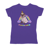 Magical Pugicorn Graphic Women's Tee, Cute Rainbow Unicorn Pug Shirt-The Pugicorn... half pug, half unicorn, all magic. Super cute retro pug illustration with ice cream cone unicorn horn, wings strapped on and ready for flight. High quality mens / unisex style graphic tee. Cute funny ice cream cone unicorn pug dog shirt.-Small-Purple-