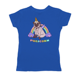 Magical Pugicorn Graphic Women's Tee, Cute Rainbow Unicorn Pug Shirt-The Pugicorn... half pug, half unicorn, all magic. Super cute retro pug illustration with ice cream cone unicorn horn, wings strapped on and ready for flight. High quality mens / unisex style graphic tee. Cute funny ice cream cone unicorn pug dog shirt.-Small-Royal-