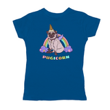 Magical Pugicorn Graphic Women's Tee, Cute Rainbow Unicorn Pug Shirt-The Pugicorn... half pug, half unicorn, all magic. Super cute retro pug illustration with ice cream cone unicorn horn, wings strapped on and ready for flight. High quality mens / unisex style graphic tee. Cute funny ice cream cone unicorn pug dog shirt.-Small-Turquise-