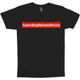 Supercalifragilisticexpialidocious Red Box Logo Poppins Parody Tee-Looking to express your supreme love of all things Disney? This Supercalifragilisticexpialidocious box logo parody tee might be just the thing! As box logos go, this is pretty much the ultimate... it's literally just barely able to fit on the shirt. Warning: may cause wearer to seem precocious.-Black-Small (S)-