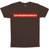 Supercalifragilisticexpialidocious Red Box Logo Poppins Parody Tee-Looking to express your supreme love of all things Disney? This Supercalifragilisticexpialidocious box logo parody tee might be just the thing! As box logos go, this is pretty much the ultimate... it's literally just barely able to fit on the shirt. Warning: may cause wearer to seem precocious.-Brown-Small (S)-