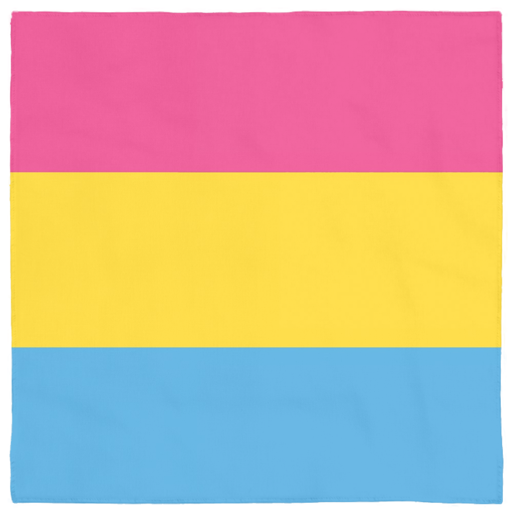 Pansexual Pride Bandana , 24x24 inches-Polyester jersey knit 24 inch square bandana, kerchief, handkerchief, hanky, neckerchief, do-rag, facemask, headscarf, babushka, hankey. GLBT LGBT LGBTQ LGBTQIA LGBTQX LGBTQ Plus LGBTQ+ Pan Pansexual Pride. Nonbinary trans transgender agender null gender genderless sexuality. Love is Love. -Square - Polyester-24x24 inch-