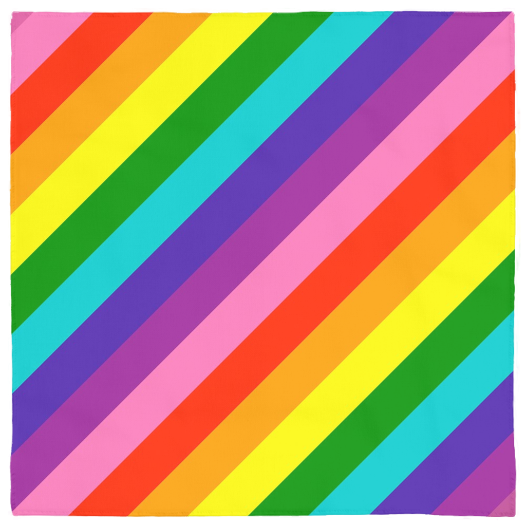 LGBTQIA 8 Stripe Rainbow - Gilbert Baker Gay Pride Flag Striped LGBT-Polyester jersey knit 24 inch square bandana, kerchief, handkerchief, hanky, neckerchief, do-rag, facemask, headscarf, babushka, hankey. GLBT LGBT LGBTQ LGBTQIA LGBTQX LGBTQ Plus LGBTQ+ Gay Lesbian Trans Transgender Queer Nonbinary Gender Sexuality Pride Rights original 8 stripe rainbow bandanas.-Diagonal Stripes-