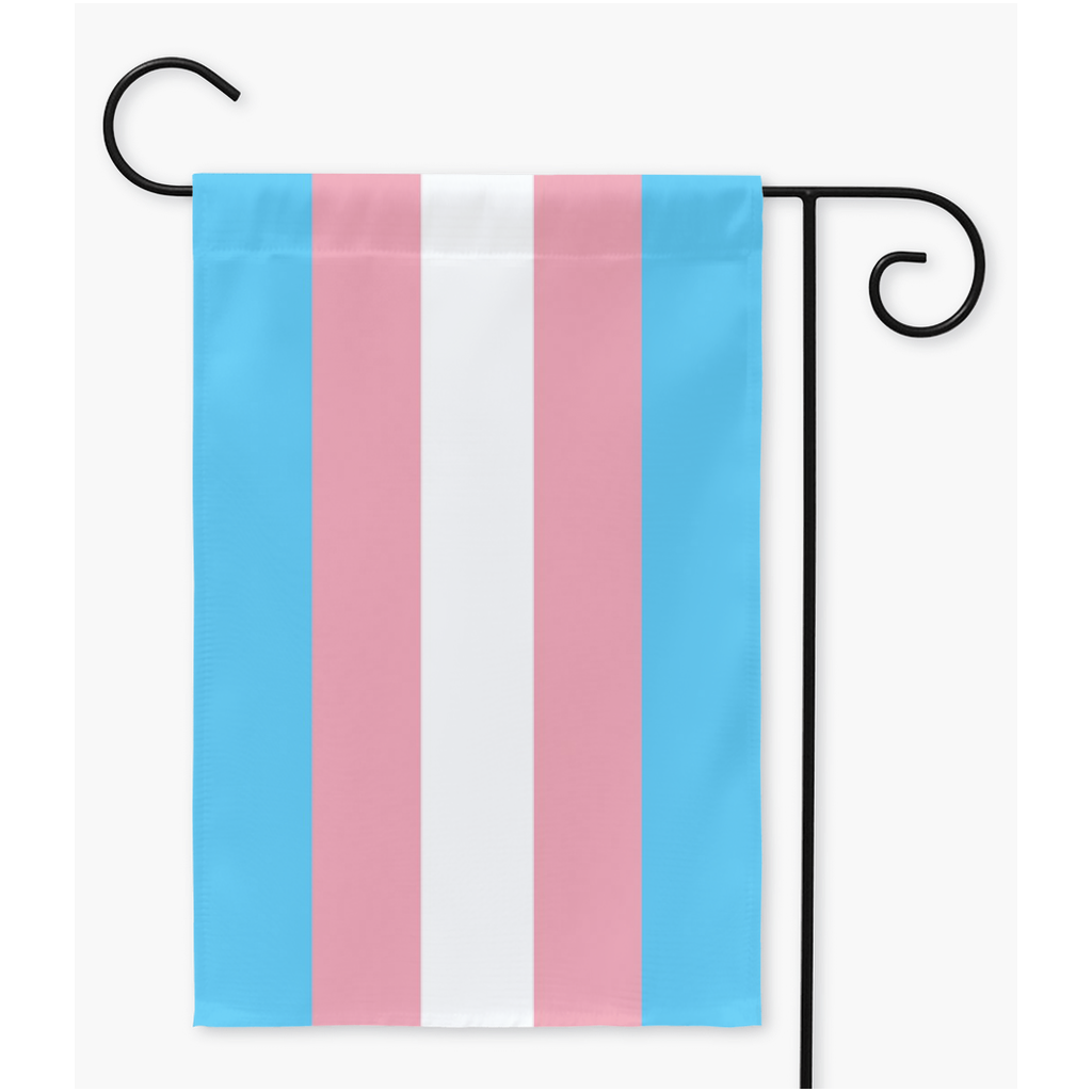 -100% poly poplin-canvas fabric, wash on gentle, hang to dry.12x18" , 18x27" or 24x36" - single or double sided. Flag hanger / stand not included.Made in and shipped from the USA.

Transgender LGBTQ LGBTQIA LGBTQX LGBTQ+ GLBT Trans Rights are Human Rights Equality Hearts Not Parts Pride Protest Banner Garden Flag -Double-12x18 inch-