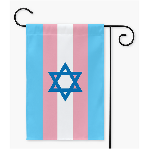-100% poly poplin-canvas fabric, wash on gentle, hang to dry.12x18" , 18x27" or 24x36" - single or double sided. Flag hanger / stand not included.Made in and shipped from the USA.

Transgender LGBTQ LGBTQIA LGBTQX Trans Non Binary Jew Rights Equality Magan Star of David Intersectional Pride Banner Garden Flag-Double-12x18 inch-
