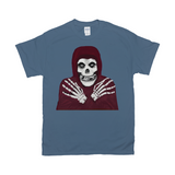 Crmson Ghost Graphic Tee, Classic Horror Icon, Small to 5X, Low Prices-100% cotton Gildan fine jersey fitted unisex tee. 3-5 days from USA. 
Crimson Ghost classic serial horror film icon. Skeleton with hooded skull, crossed skeletal hands. This skull faced fiend is the perfect grim reaper for punk rock pirates and misfits though few today would desire a post Cyclotrode X world. Haloween-Indigo Blue-Small (S)-