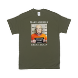 MAGA Mugshot Tee - Make America Great Again... Lock Him Up!-Soft 100% cotton Gildan fitted unisex graphic t-shirt. Made-to-order & shipped from the USA.
Trump for Prison, Criminal fascist treason January 6th 2021 capitol riot incitement sedition, insurrection, corrupt complicit GOP, pandemic politics Save Democracy VOTE Anti-Trump political protest tee -Military Green-Small (S)-