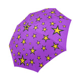 Retro Electric Wizard Star Pattern Umbrella, Compact Standard Anti-UV-High quality compact automatic umbrella with automatic open and close system. Sturdy and well constructed. Standard or heavy duty anti-UV versions. Waterproof polyester pongee with colorfast and fade resistant design. Brightly colored retro vintage 80s 90s eighties nineties neon fashion punk new wave alternative.-Electric Purple-Standard-