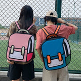 -Comic style 2D-in-3D cartoon style backpack.High quality oxford fabric with magnetic closure, sturdy plastic clips, shoulder straps and top handle. Small front slide pocket,external zip pocket, main compartment with smaller iinternal zipper pocket. 36x40x11cm /14.17x15.75x4.33in). Free Shipping Worldwide. Jump style-