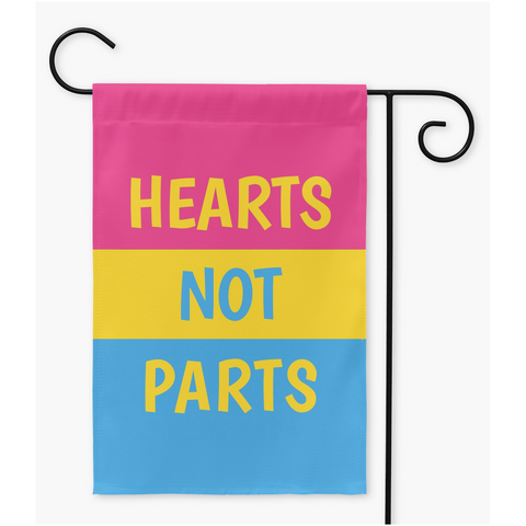 -100% poly poplin-canvas fabric, wash on gentle cycle and hang to dry.12x18" , 18x27" or 24x36" - single or double sided. Flag hanger / stand not included.Made in and shipped from the USA.

Pansexual LGBTQ LGBTQIA LGBTQX Pan Pride Trans Transgender Nonbinary Love is Love Garden Flag Rights Equality Protest We Say Gay -Double-12x18 inch-