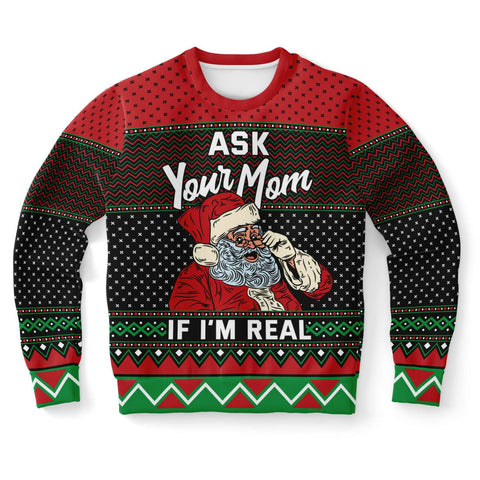 -Funny all-over-print unisex sweatshirt made of soft and comfortable cotton/polyester/spandex blend with brushed fleece interior. Each panel is individually printed, cut and sewn to ensure a flawless graphic that won't crack or peel. 

Mens womens Christmas pullover jumper ugly sweater santa claus your mom mommy joke-XS-