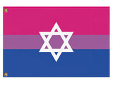 Bisexual Jewish Pride Flag, Intersectional LGBT LGBTQ LGBTQIA Banner-High quality, professionally printed polyester flag in your choice of size and style, single or fully double-sided with blackout layer, grommets or pole pocket / sleeve. 2x1ft / 1x2ft, 3x2ft / 2x3ft, 5x3ft / 3x5ft, custom. Fully customizable. Bi Bisexual Jewish Intersectional Pride Flag Rights Equaity Magan Star of David-