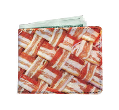Bacon Weave Wallet, Funny Faux Leather High Quality 12 Pocket Billfold-High quality Bi-fold wallet made of environmentally friendly, faux-leather material with built-in RFID protection. Made-to-order. Funny bifold leatherette billfold wallet. Classic bacon lover weird meme gift for him, mens boys front pocket paper cash bill money, credit card and ID slots. -