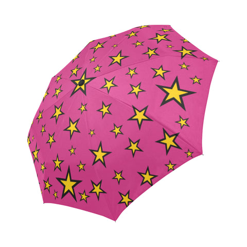 Retro Electric Wizard Star Pattern Umbrella, Compact Standard Anti-UV-High quality compact automatic umbrella with automatic open and close system. Sturdy and well constructed. Standard or heavy duty anti-UV versions. Waterproof polyester pongee with colorfast and fade resistant design. Brightly colored retro vintage 80s 90s eighties nineties neon fashion punk new wave alternative.-Hot Pink-Standard-